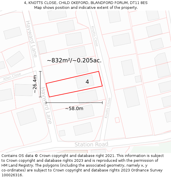 4, KNOTTS CLOSE, CHILD OKEFORD, BLANDFORD FORUM, DT11 8ES: Plot and title map
