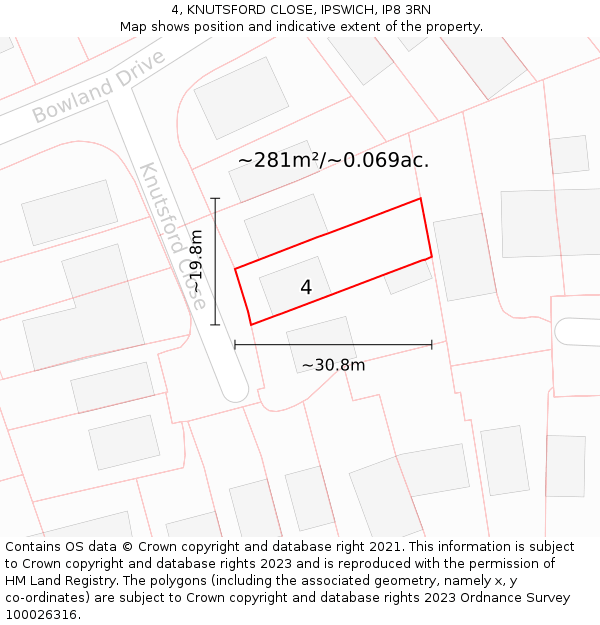 4, KNUTSFORD CLOSE, IPSWICH, IP8 3RN: Plot and title map