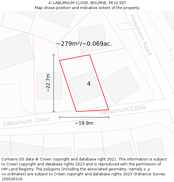 4, LABURNUM CLOSE, BOURNE, PE10 9ST: Plot and title map