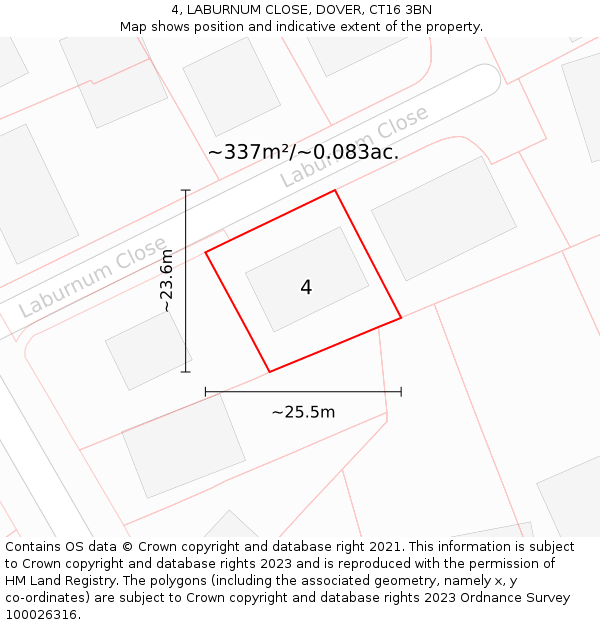 4, LABURNUM CLOSE, DOVER, CT16 3BN: Plot and title map