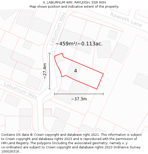 4, LABURNUM WAY, RAYLEIGH, SS6 9GN: Plot and title map