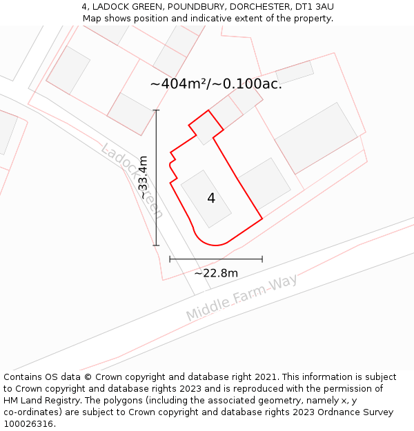 4, LADOCK GREEN, POUNDBURY, DORCHESTER, DT1 3AU: Plot and title map