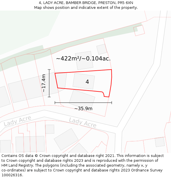 4, LADY ACRE, BAMBER BRIDGE, PRESTON, PR5 6XN: Plot and title map