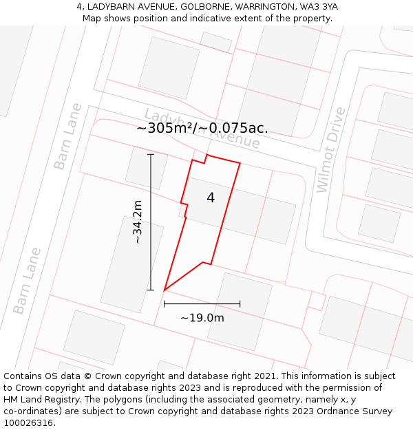4, LADYBARN AVENUE, GOLBORNE, WARRINGTON, WA3 3YA: Plot and title map