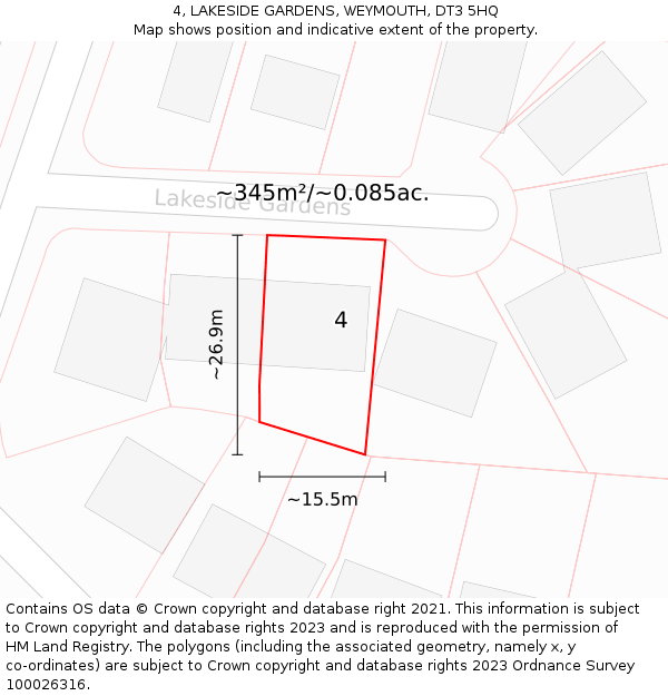 4, LAKESIDE GARDENS, WEYMOUTH, DT3 5HQ: Plot and title map