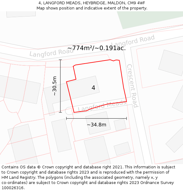4, LANGFORD MEADS, HEYBRIDGE, MALDON, CM9 4WF: Plot and title map