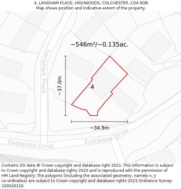 4, LANGHAM PLACE, HIGHWOODS, COLCHESTER, CO4 9GB: Plot and title map
