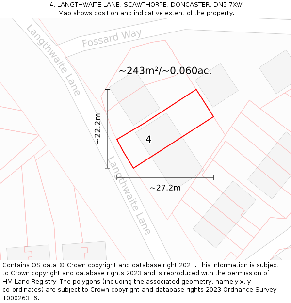 4, LANGTHWAITE LANE, SCAWTHORPE, DONCASTER, DN5 7XW: Plot and title map