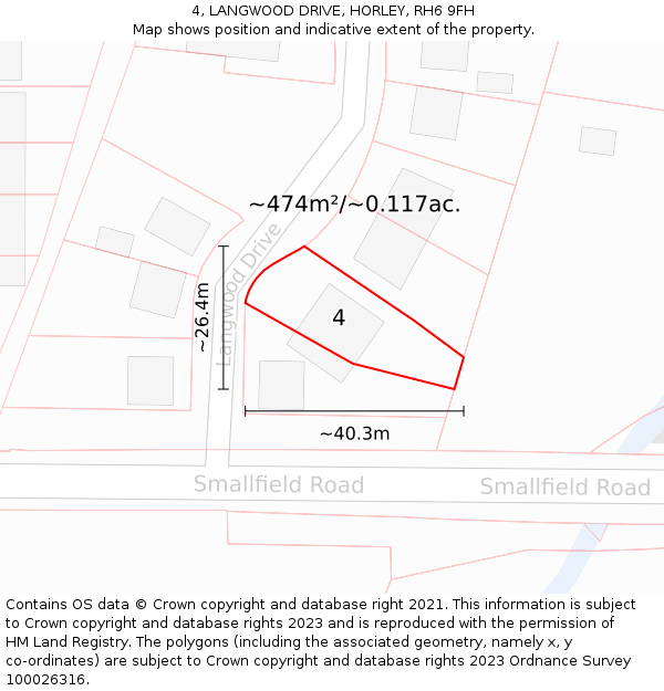 4, LANGWOOD DRIVE, HORLEY, RH6 9FH: Plot and title map