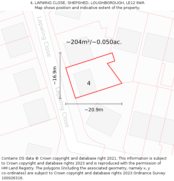 4, LAPWING CLOSE, SHEPSHED, LOUGHBOROUGH, LE12 9WA: Plot and title map
