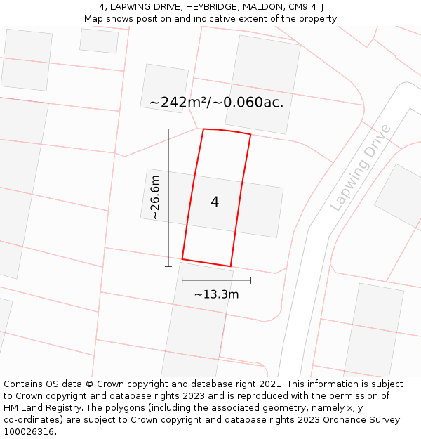 4, LAPWING DRIVE, HEYBRIDGE, MALDON, CM9 4TJ: Plot and title map