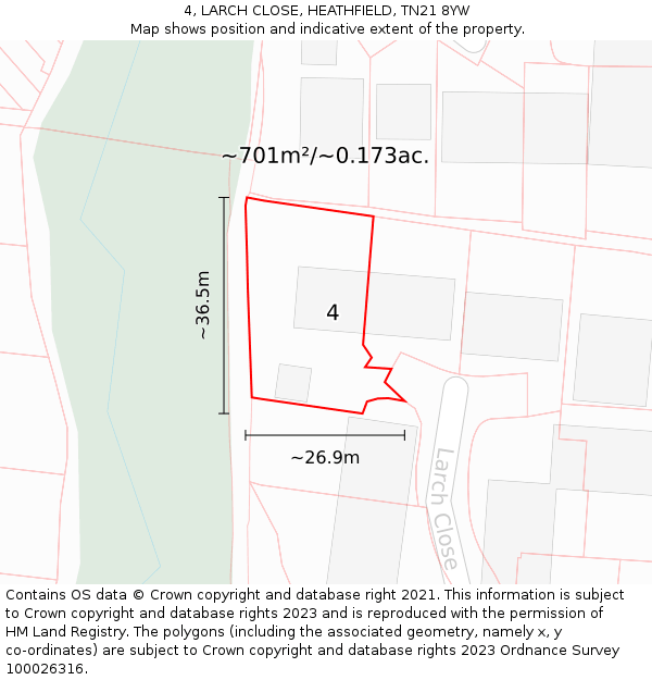 4, LARCH CLOSE, HEATHFIELD, TN21 8YW: Plot and title map