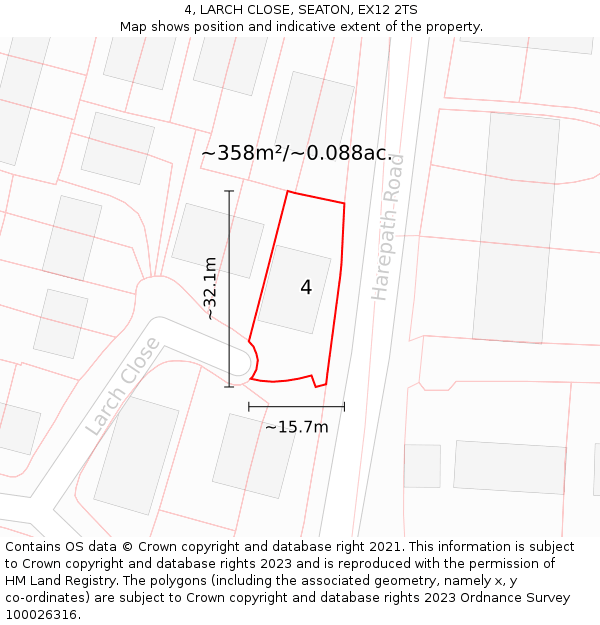 4, LARCH CLOSE, SEATON, EX12 2TS: Plot and title map