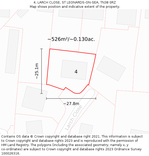 4, LARCH CLOSE, ST LEONARDS-ON-SEA, TN38 0RZ: Plot and title map