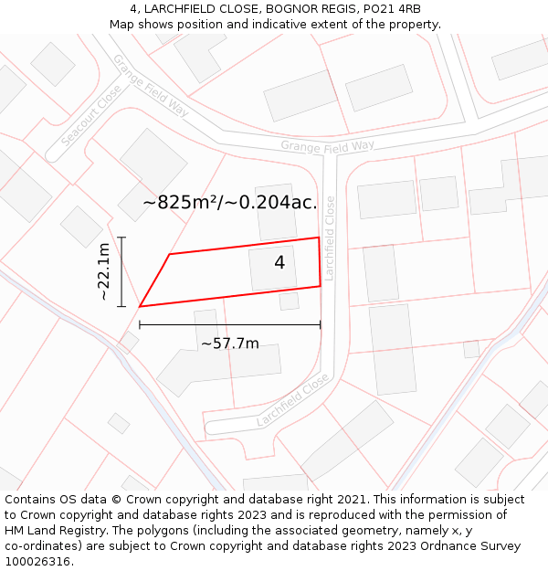 4, LARCHFIELD CLOSE, BOGNOR REGIS, PO21 4RB: Plot and title map