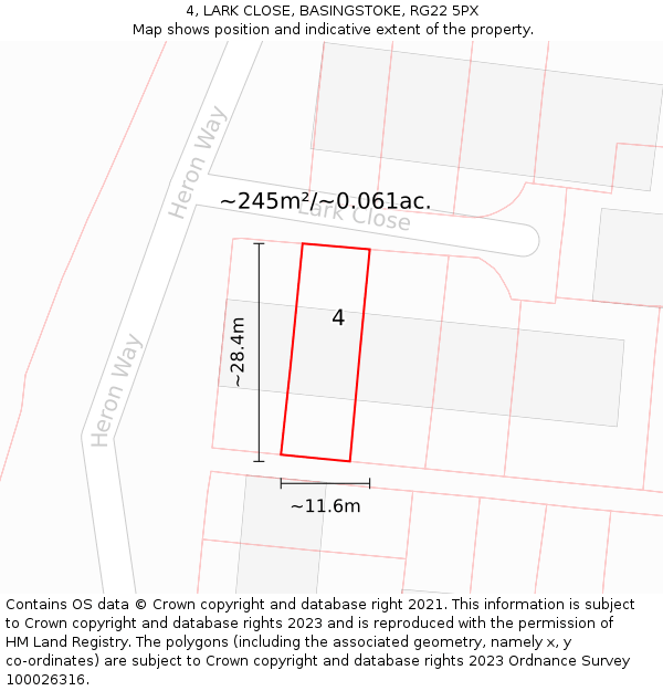 4, LARK CLOSE, BASINGSTOKE, RG22 5PX: Plot and title map