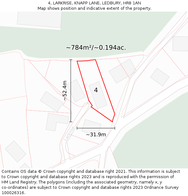 4, LARKRISE, KNAPP LANE, LEDBURY, HR8 1AN: Plot and title map