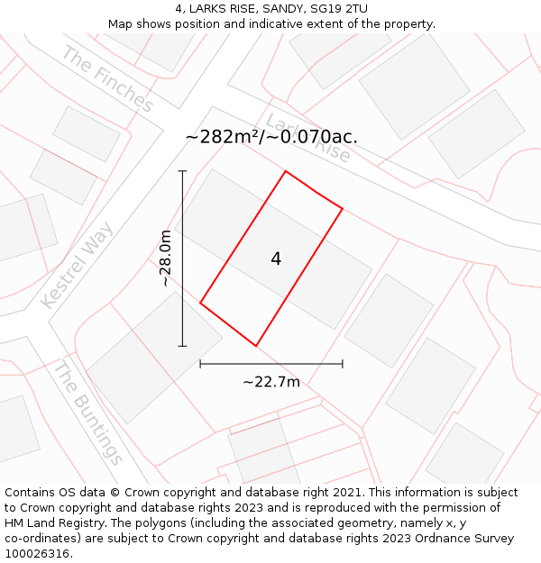 4, LARKS RISE, SANDY, SG19 2TU: Plot and title map
