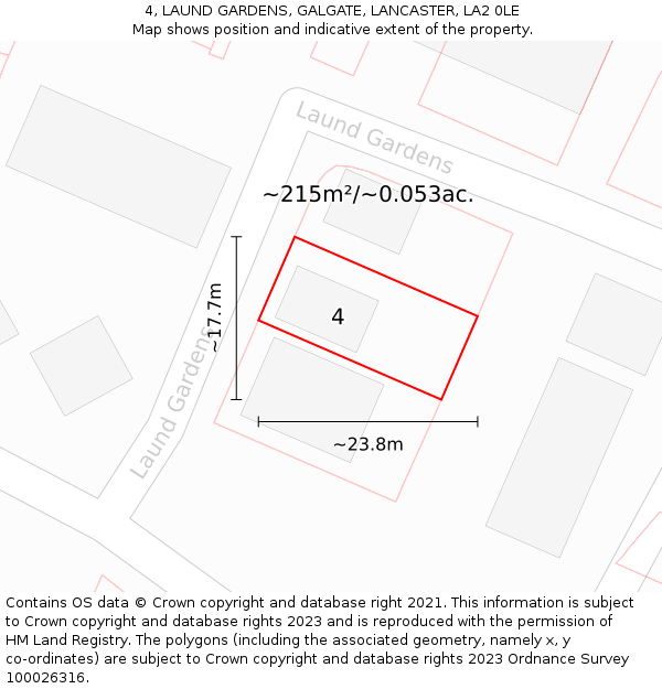 4, LAUND GARDENS, GALGATE, LANCASTER, LA2 0LE: Plot and title map