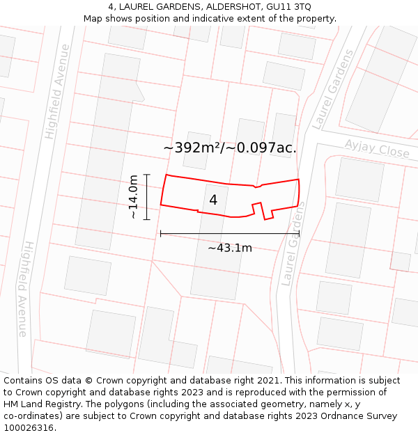 4, LAUREL GARDENS, ALDERSHOT, GU11 3TQ: Plot and title map