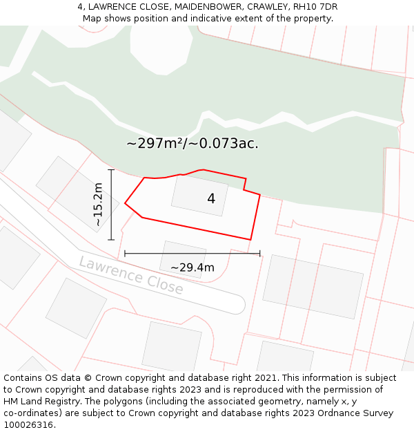 4, LAWRENCE CLOSE, MAIDENBOWER, CRAWLEY, RH10 7DR: Plot and title map