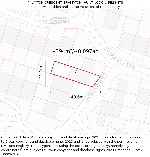 4, LAYTON CRESCENT, BRAMPTON, HUNTINGDON, PE28 4TS: Plot and title map