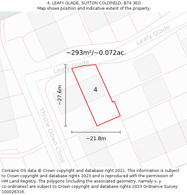 4, LEAFY GLADE, SUTTON COLDFIELD, B74 3EG: Plot and title map