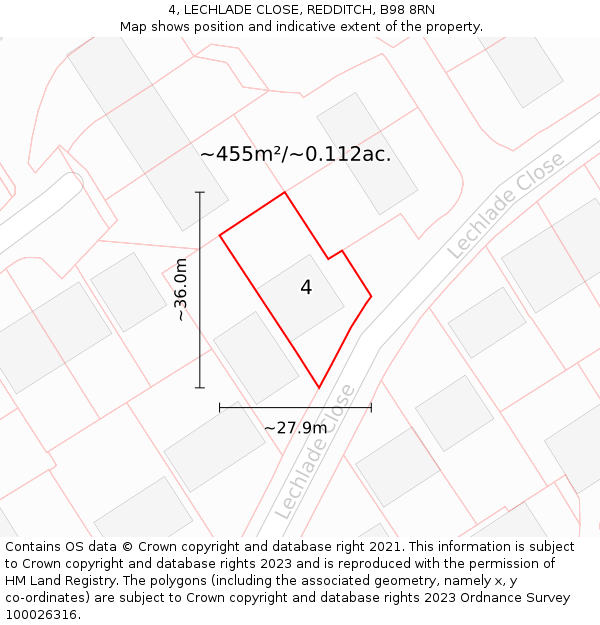 4, LECHLADE CLOSE, REDDITCH, B98 8RN: Plot and title map