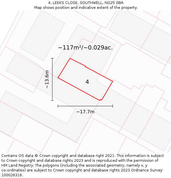 4, LEEKS CLOSE, SOUTHWELL, NG25 0BA: Plot and title map