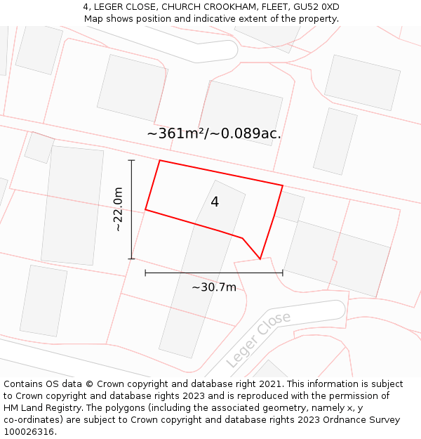 4, LEGER CLOSE, CHURCH CROOKHAM, FLEET, GU52 0XD: Plot and title map