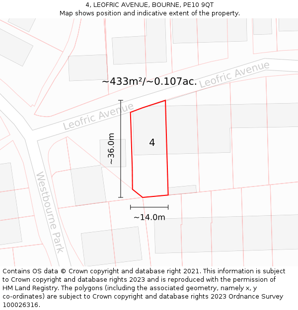 4, LEOFRIC AVENUE, BOURNE, PE10 9QT: Plot and title map