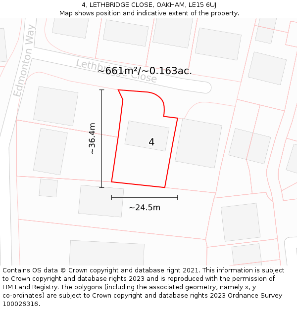 4, LETHBRIDGE CLOSE, OAKHAM, LE15 6UJ: Plot and title map