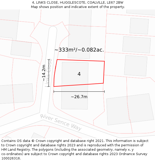 4, LINKS CLOSE, HUGGLESCOTE, COALVILLE, LE67 2BW: Plot and title map