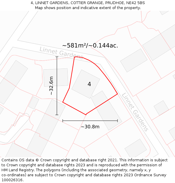 4, LINNET GARDENS, COTTIER GRANGE, PRUDHOE, NE42 5BS: Plot and title map