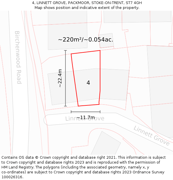 4, LINNETT GROVE, PACKMOOR, STOKE-ON-TRENT, ST7 4GH: Plot and title map
