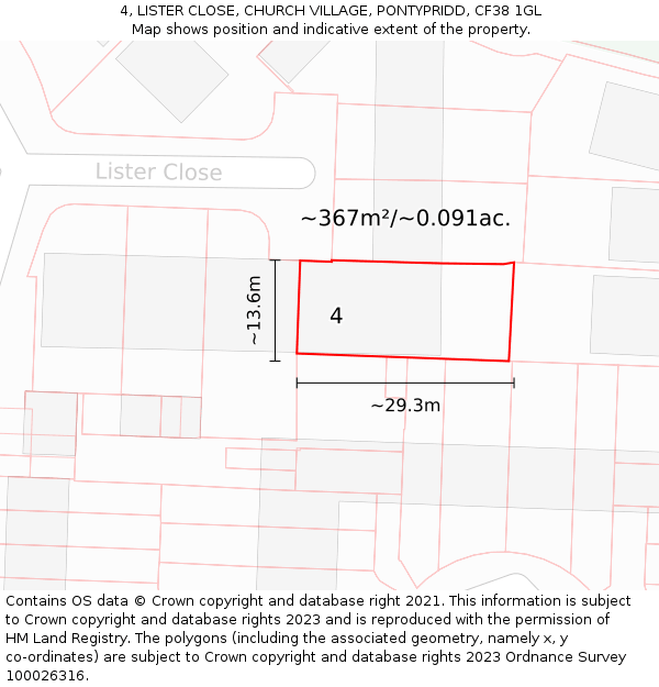 4, LISTER CLOSE, CHURCH VILLAGE, PONTYPRIDD, CF38 1GL: Plot and title map
