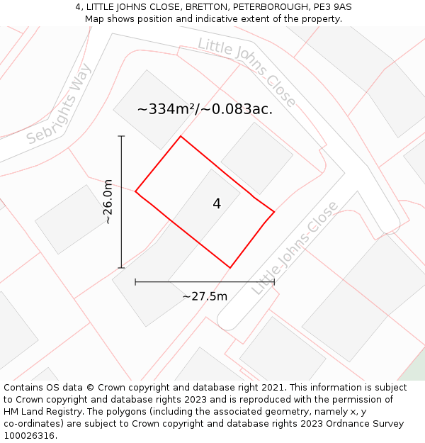 4, LITTLE JOHNS CLOSE, BRETTON, PETERBOROUGH, PE3 9AS: Plot and title map