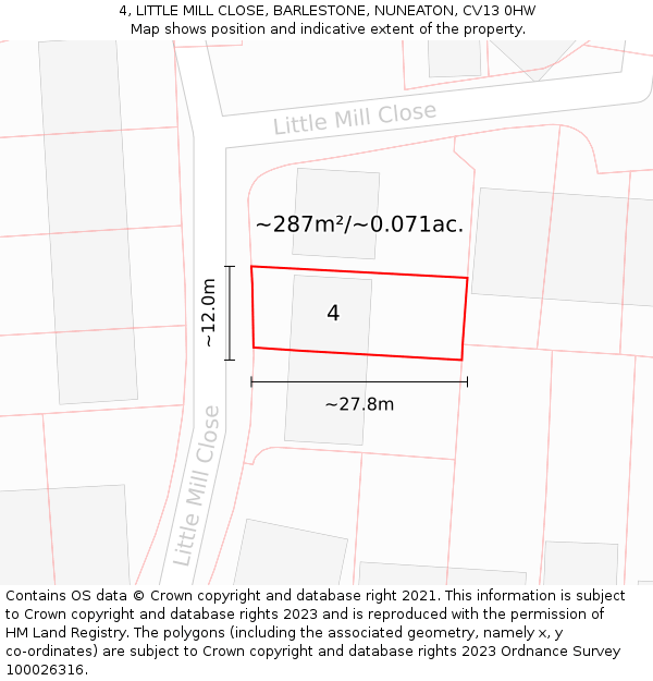 4, LITTLE MILL CLOSE, BARLESTONE, NUNEATON, CV13 0HW: Plot and title map