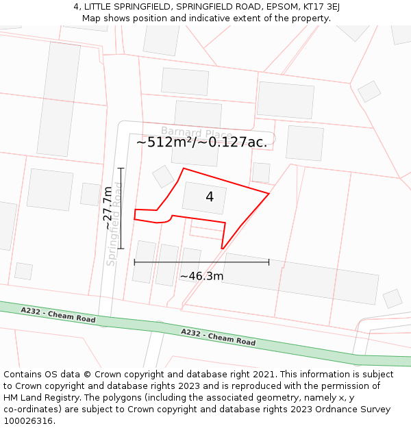 4, LITTLE SPRINGFIELD, SPRINGFIELD ROAD, EPSOM, KT17 3EJ: Plot and title map