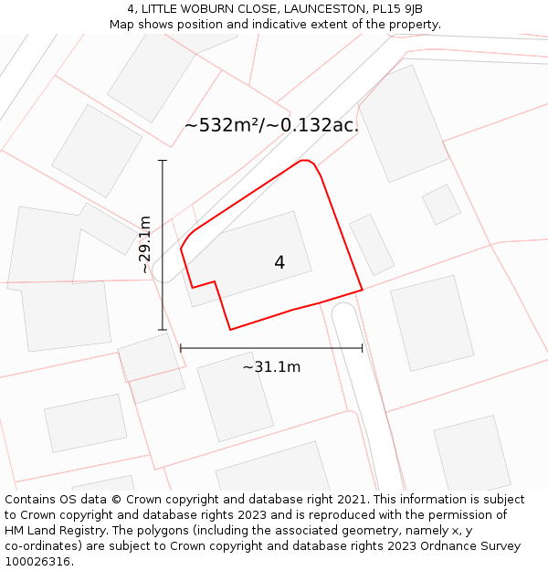 4, LITTLE WOBURN CLOSE, LAUNCESTON, PL15 9JB: Plot and title map