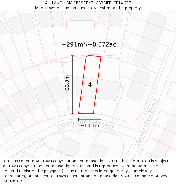 4, LLANDINAM CRESCENT, CARDIFF, CF14 2RB: Plot and title map