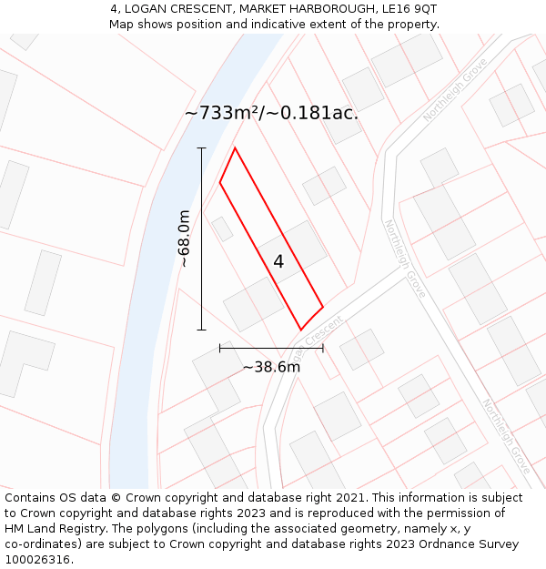 4, LOGAN CRESCENT, MARKET HARBOROUGH, LE16 9QT: Plot and title map