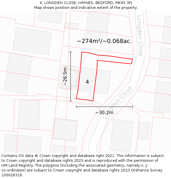 4, LONGDEN CLOSE, HAYNES, BEDFORD, MK45 3PJ: Plot and title map