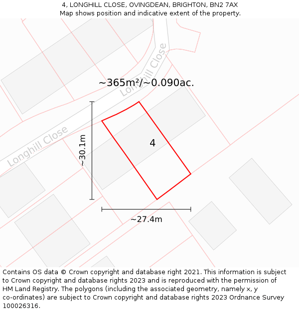 4, LONGHILL CLOSE, OVINGDEAN, BRIGHTON, BN2 7AX: Plot and title map