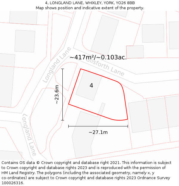 4, LONGLAND LANE, WHIXLEY, YORK, YO26 8BB: Plot and title map