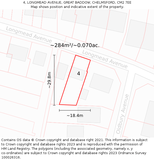 4, LONGMEAD AVENUE, GREAT BADDOW, CHELMSFORD, CM2 7EE: Plot and title map