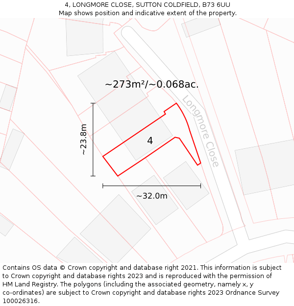 4, LONGMORE CLOSE, SUTTON COLDFIELD, B73 6UU: Plot and title map