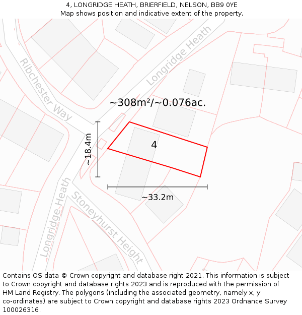 4, LONGRIDGE HEATH, BRIERFIELD, NELSON, BB9 0YE: Plot and title map