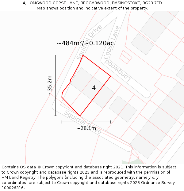 4, LONGWOOD COPSE LANE, BEGGARWOOD, BASINGSTOKE, RG23 7FD: Plot and title map