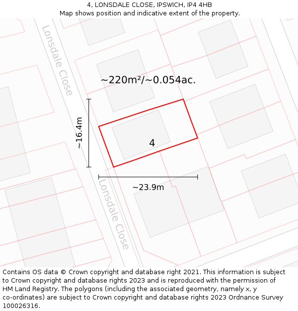 4, LONSDALE CLOSE, IPSWICH, IP4 4HB: Plot and title map